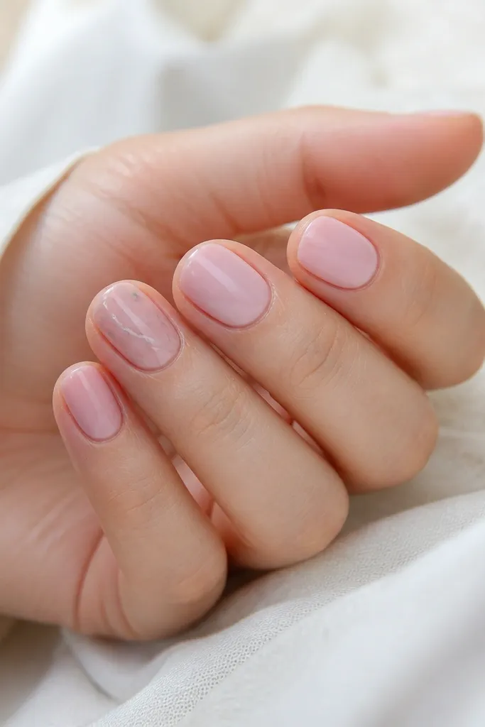 Short nails with solid soft pink on most fingers. On one accent nail, there are thin greyish-white veining lines on top of soft pink, like a marble pattern. The accent nail stays mostly pink with delicate web-like veins.
