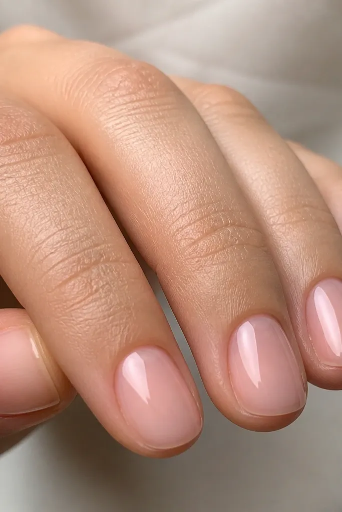 Short nails coated in soft pink that look almost like skin - smooth, glassy, high shine. No art, just a super clean finish. The cuticles look neat and the edges are sealed.