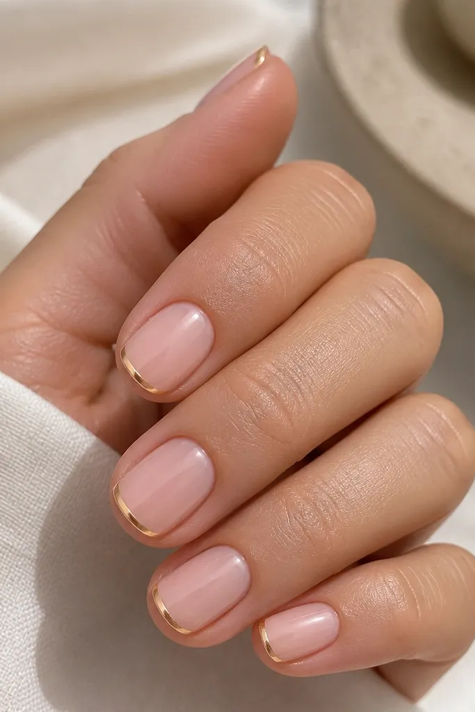 Short rounded nails in soft pink. At the very tip, there's a single thin gold line running across the edge, like a delicate bar. The rest of the nail stays plain and glossy.
