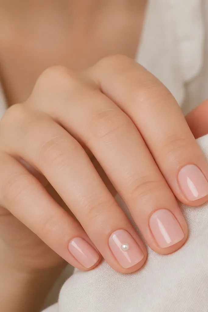 Short nails in soft pink. The ring finger has a single tiny pearl bead placed near the center of the nail, glossy and rounded. Other nails stay plain glossy soft pink.