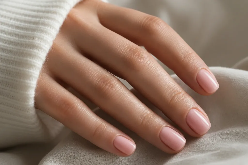Low maintenance short soft pink nails for easy care