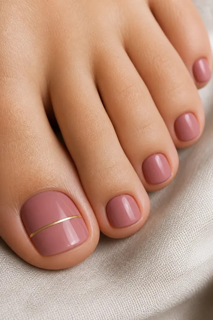 Short dusty rose toe nails, high-gloss, with a single thin gold stripe running horizontally across the middle of the big toe only; the other toes are plain.