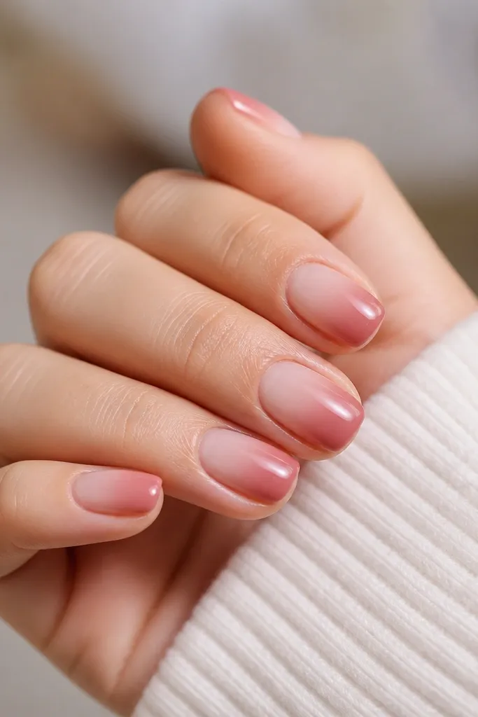 Short nails with a deeper blush at the tip that fades into a lighter milky pink toward the cuticle; glossy finish; rounded-square shape.