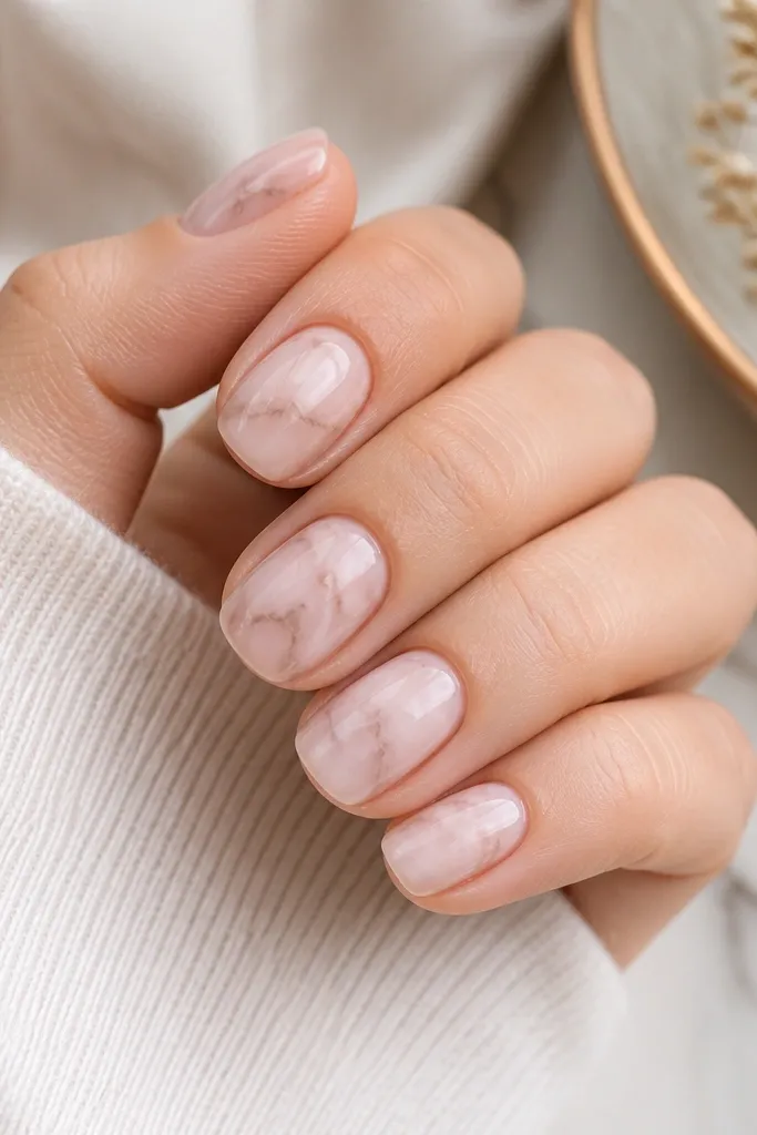 Soft pink marble effect on short nails with tiny gray-beige veins that branch lightly; glossy finish; rounded-square tips.