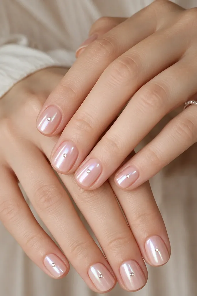 Short nails with pearlized soft pink sheen; each nail has a small silver dot centered near the middle; glossy finish.