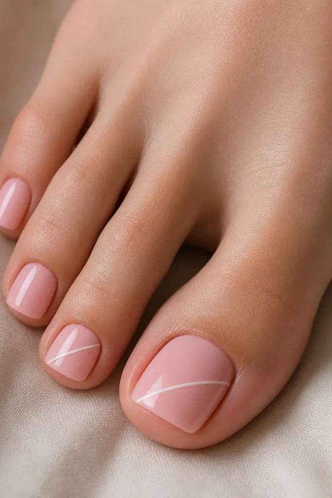 Soft pink glossy nails; on two toes there's a thin white line splitting the nail diagonally from one side near the tip to the center; the rest stays plain.