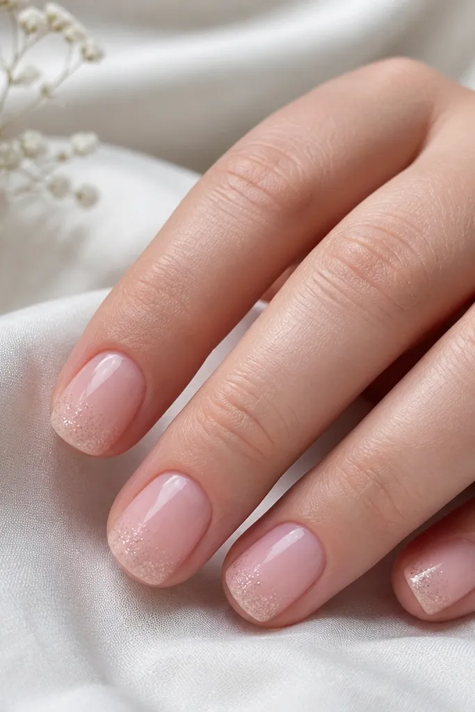 Short nails with milky soft pink base; glitter starts at the very tip and fades down with a smooth gradient; glossy top.