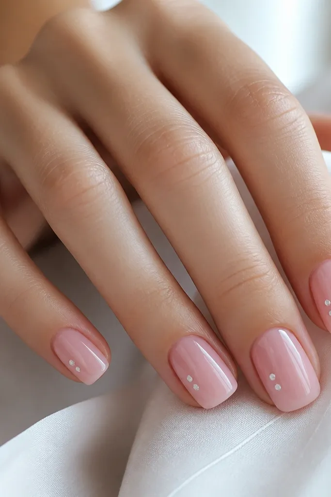 Glossy soft pink nails with two tiny clear micro-studs placed in a vertical line along the outer side of each nail; rounded-square shape.