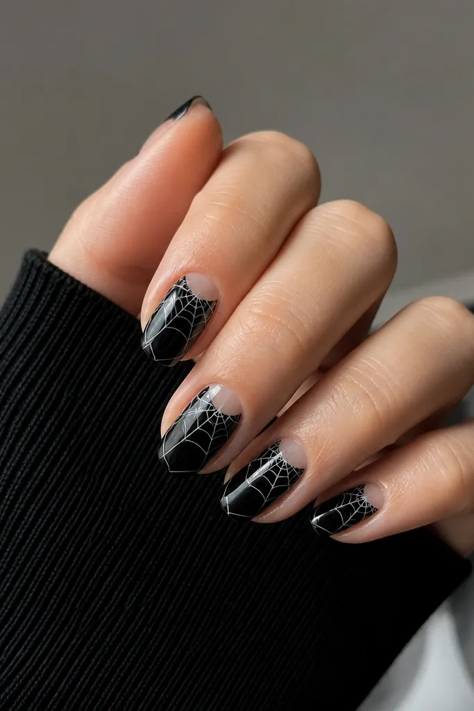 Nails are glossy black. Each nail has a small clear half-moon near the cuticle, with a thin spiderweb drawn from that half-moon toward the outer corner in fine white lines.