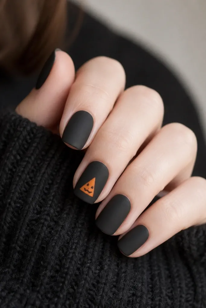 Nails are matte black. The middle finger has a small orange triangle with three tiny black notch lines inside, like a simplified jack-o-lantern. Other nails stay plain matte black.
