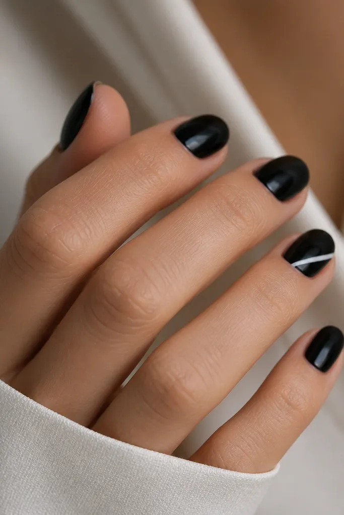 Nails are glossy black with one nail (ring finger) featuring a diagonal white stripe that runs from near the sidewall toward the center. The stripe is clean and ends before the opposite side edge.