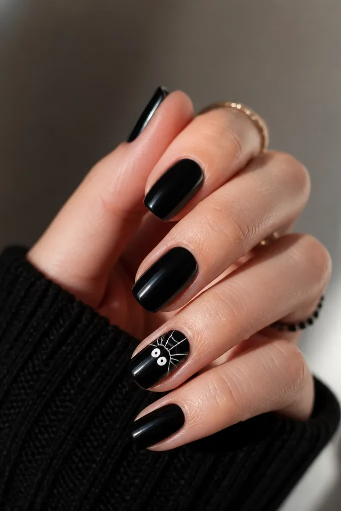 Nails are glossy black. On one accent nail, a simple spider face is made from two white dot eyes and a few curved web lines radiating outward. The spider web lines look like a small halo.
