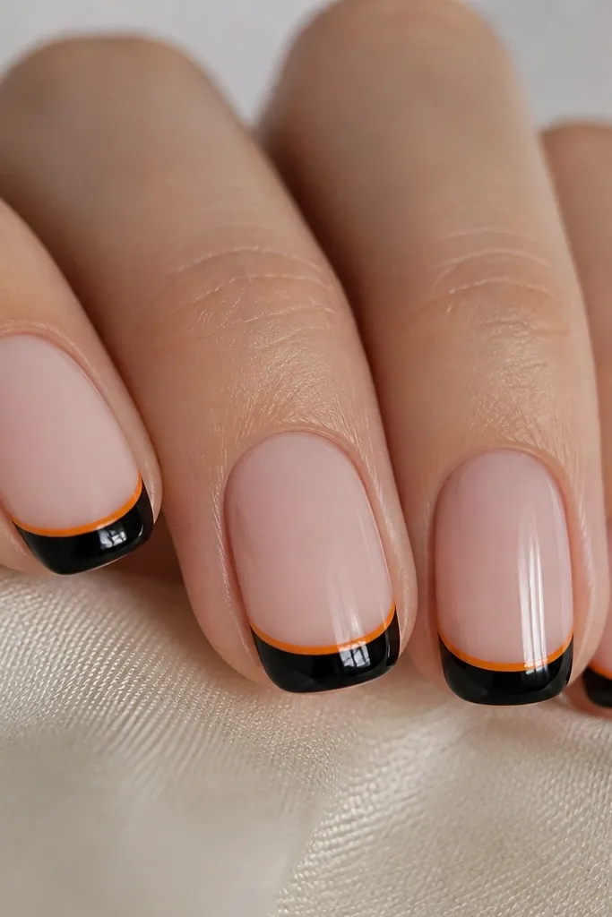 Four nails shown close-up: glossy base in sheer pink, crisp black French tips, and a thin orange line tracing the edge of the black at the smile line.