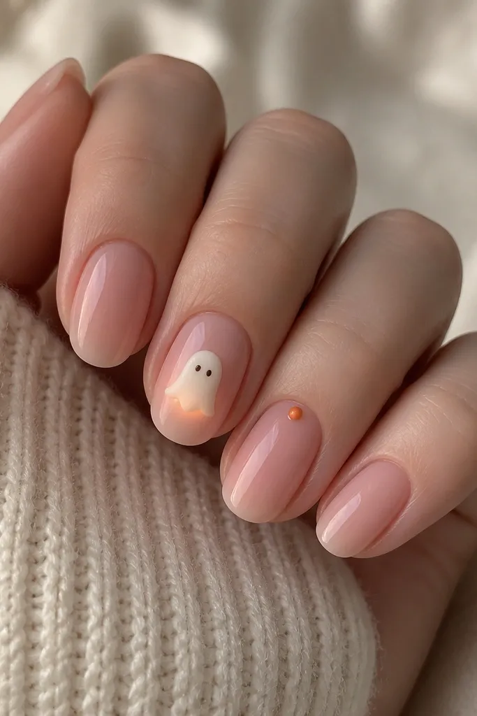 Five nails: three nails are sheer pink with a glossy finish, one nail has a small ghost shape in matte cream with a faint orange shadow, and another nail has a tiny orange dot at the cuticle.
