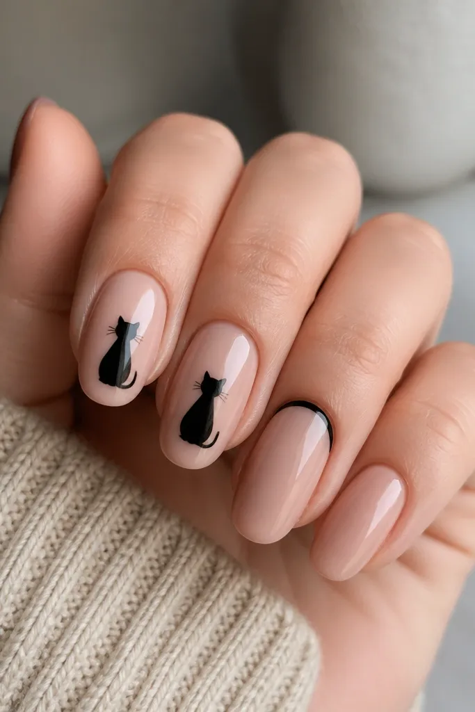 Two accent nails show a black cat silhouette sitting on a nude base, with the remaining nails in glossy nude and one nail having a thin black crescent near the cuticle.