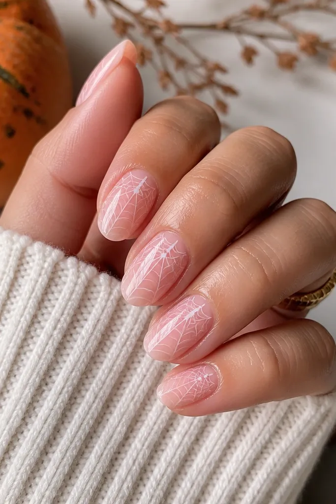 Nails are sheer pink; the top half of each nail has a delicate spiderweb line pattern, with the web starting from a small dot near the center and radiating to the edges.