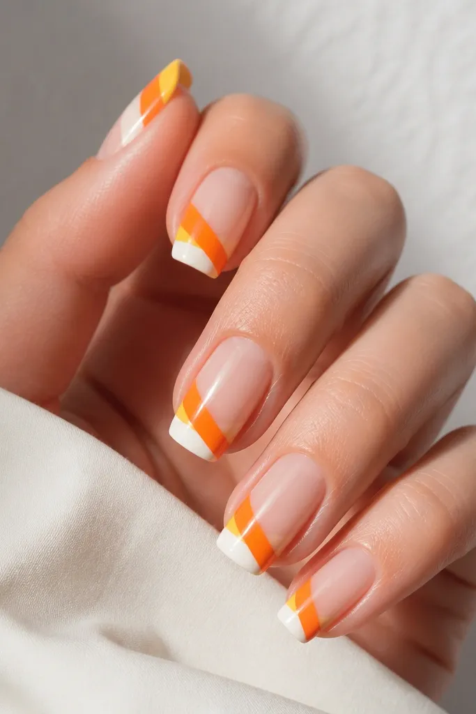 Three-color tips on a clear-to-sheer base: yellow at the very tip, orange in the middle, and white near the nail bed, each with straight angled lines.