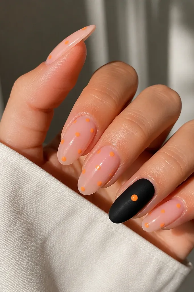 Most nails are glossy sheer pink with scattered neon orange dots; one nail is solid matte black with a single orange dot near the center.