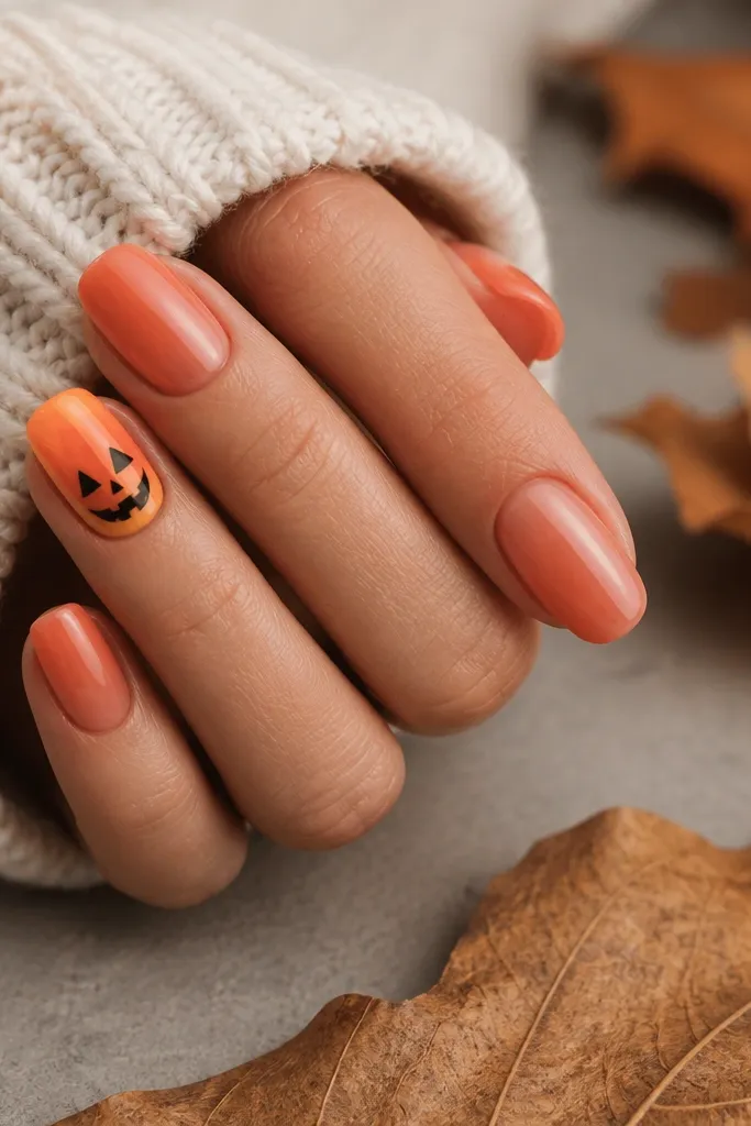 Accent nails show a small jack-o-lantern face in black on a gradient orange background, with the rest of the nails in solid sheer orange-coral.