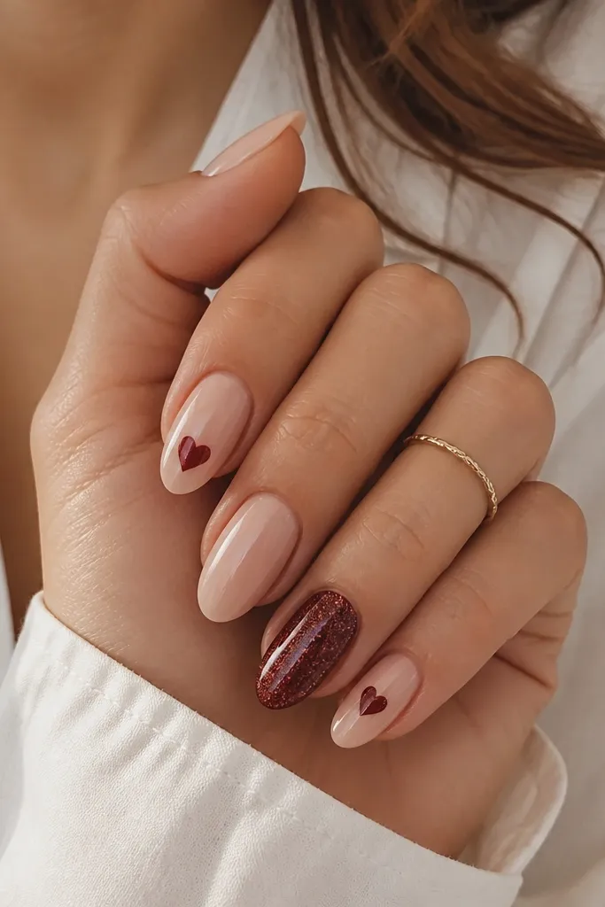 Nude nails with a small oxblood heart on two nails; one nail has an all-over dark red glitter, and the rest are glossy nude.