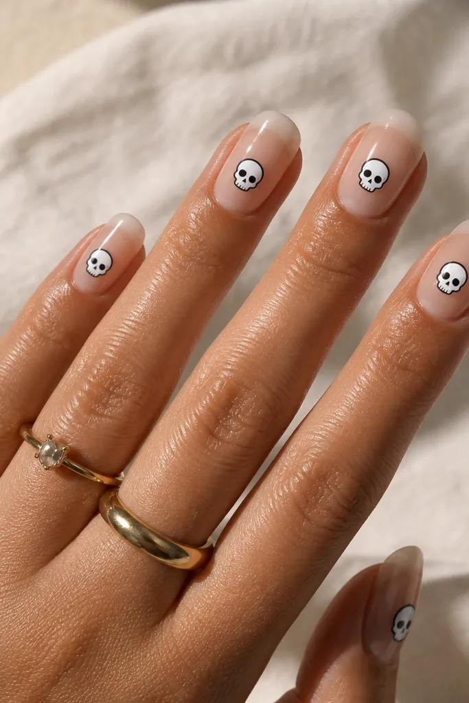 Clear overlay nails with small skull decals placed near the center; skulls are white with black outlines and there is a glossy finish throughout.