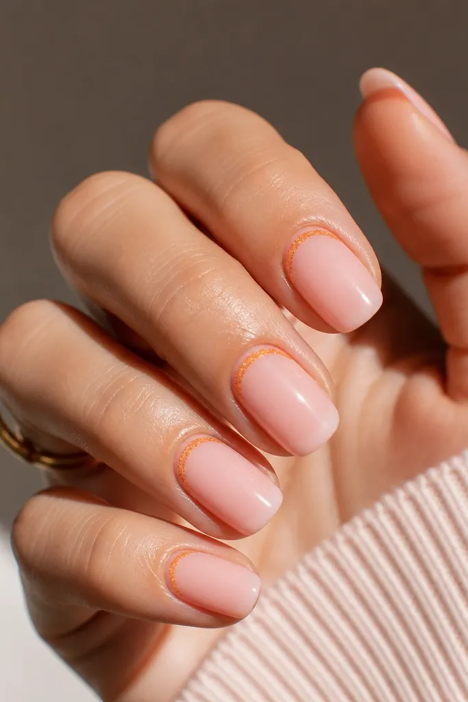 Sheer pink nails with a thin orange glitter band hugging the cuticle line, leaving the rest of the nail clean and glossy.