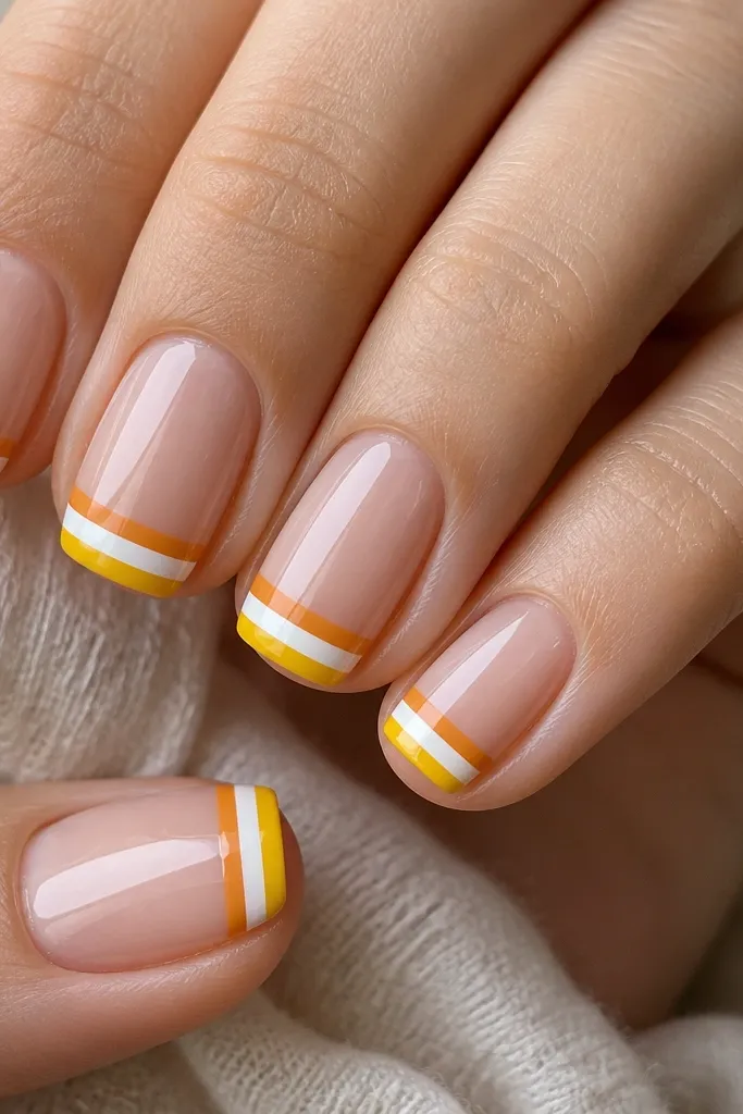 Close-up of short square nails on a nude-pink base. The free edges show three clean bands: orange at the tip, white in the middle, and yellow closest to the nail bed. Glossy top coat makes the bands look crisp.