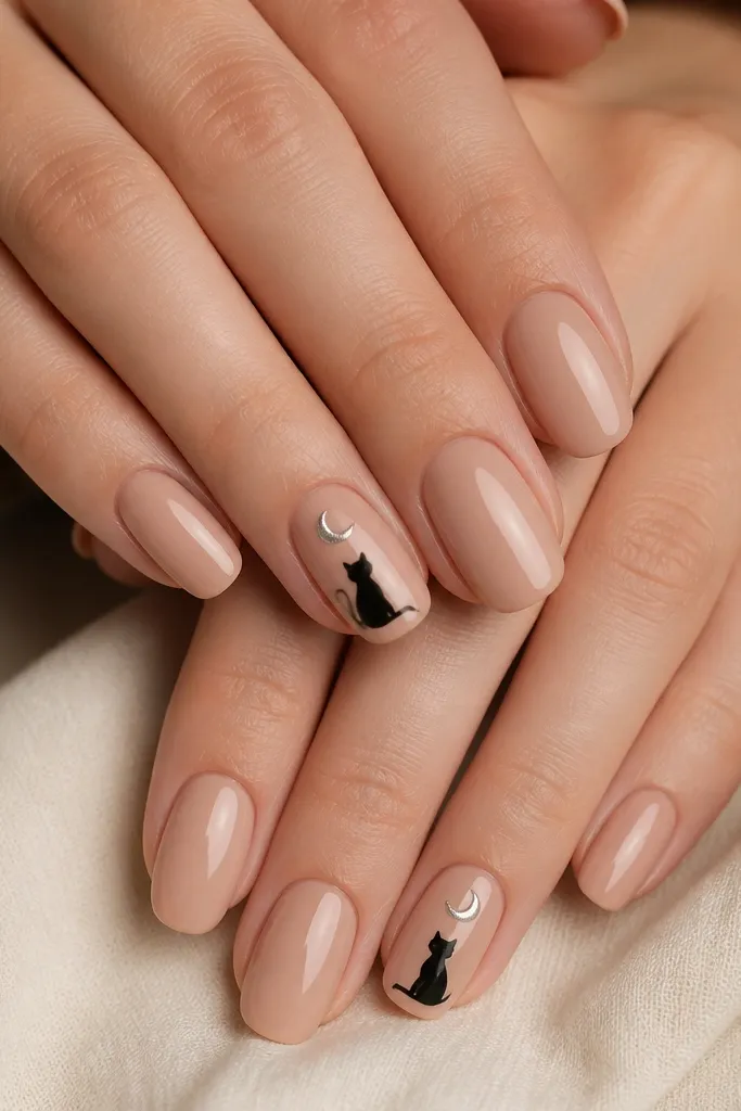 Glossy nude nails with one accent nail per hand. On each accent nail, a black cat silhouette sits in profile, and a small silver crescent moon glows above it. Other nails are plain nude with a high-shine top coat.