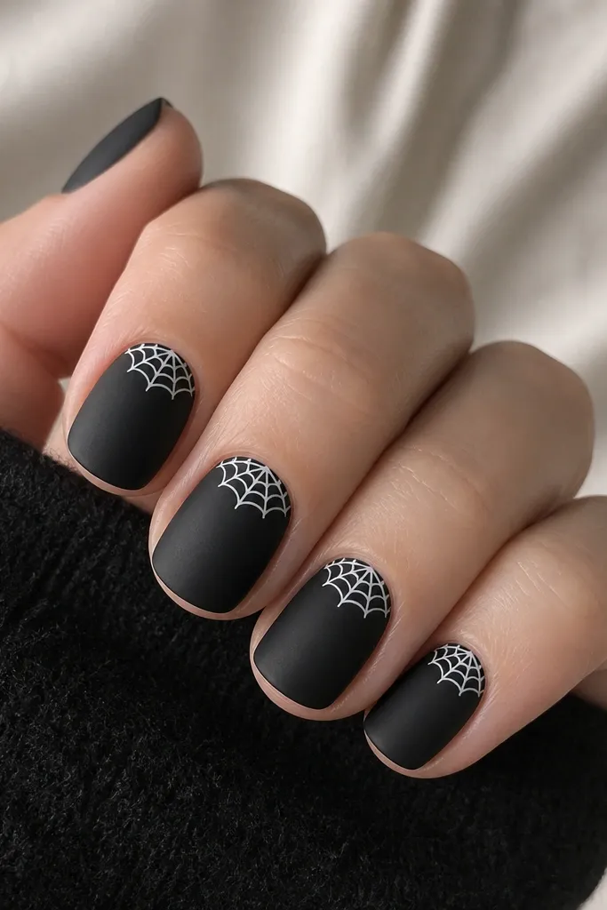 Short rounded nails with a deep matte black base. At the cuticle on each nail, there's a white spiderweb pattern shaped like a half-moon, with fine radial lines and a few curved threads. The rest of the nail stays matte.