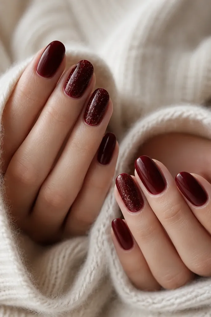 Deep oxblood nails with a glossy finish. Two nails per hand have a fine micro-glitter overlay concentrated near the center, fading outward. Other nails are plain oxblood.