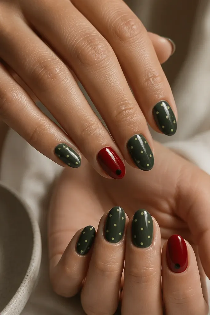 Short almond nails in a glossy witch green. Most nails have scattered tiny lime-green dots spaced evenly. One nail on each hand is painted blood red with a single small glossy black dot near the tip.