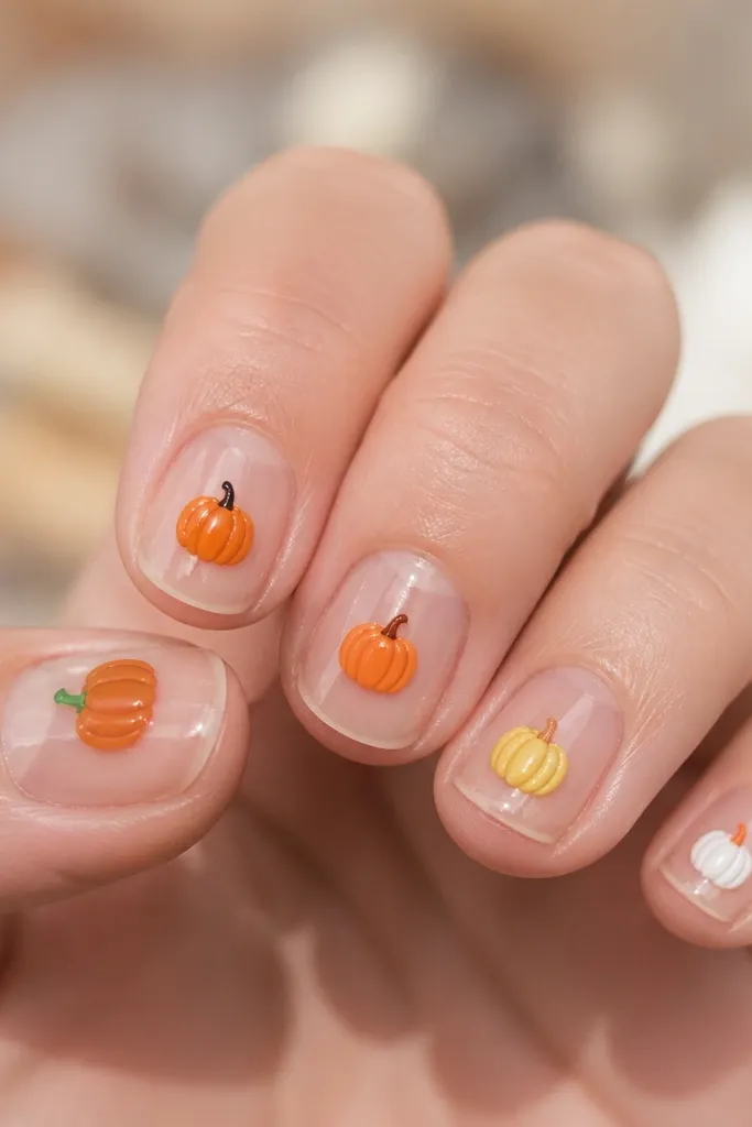 Nails with a clear jelly base and short rounded edges. Each nail has a small pumpkin icon in a different color family: orange with green top, orange with black top, yellow pumpkin with orange lines, and a mini white pumpkin with orange stem. Background stays see-through.