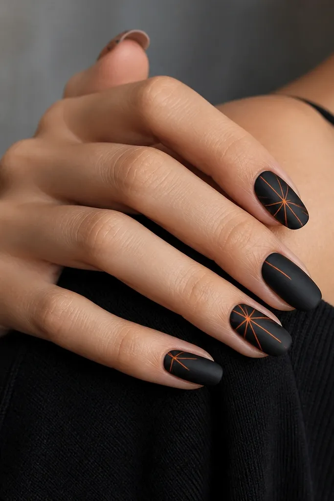 Matte black nails with thin orange crack lines running from the sidewalls toward the center. The cracks look like a spiderweb fracture but they're straight and minimal. One nail has two short orange cracks only.