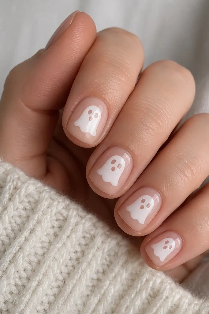 Short nails with a glossy nude base. On each nail, a white ghost face is done with negative space: the body outline is white but the eyes and mouth are left nude. The ghost shape sits centered on the nail.