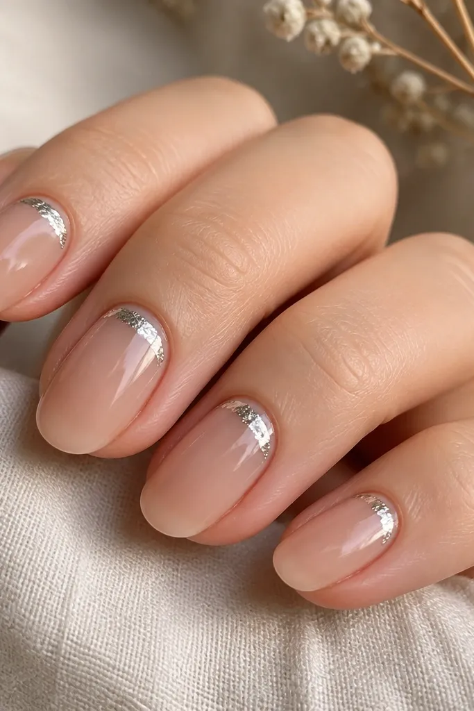 Clear pink nails with a glossy finish. On each nail, a thin crescent of silver foil sits near the cuticle, like a moon. The foil edges look irregular but clean, with a few tiny glitter sparkles caught in the foil.