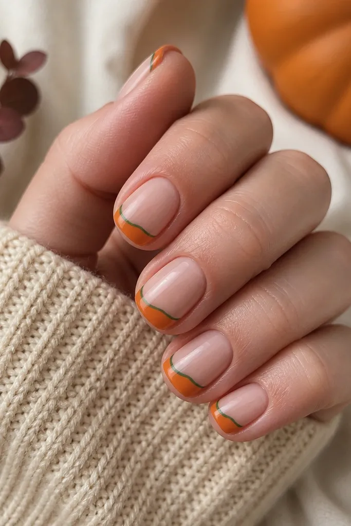 Short nails with a nude base. The tips are split: one half of the free edge is orange, and the other half is still nude. A thin green line runs along the border to mimic a pumpkin stem edge. Glossy finish.