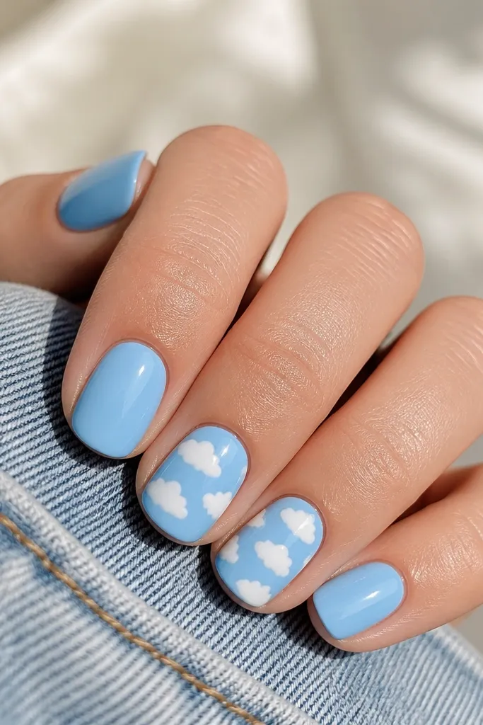 Short round acrylic nails in a cotton candy sky blue. On two accent nails, white cloud doodles spread across the center with small puffy edges. Everything is glossy and bright.