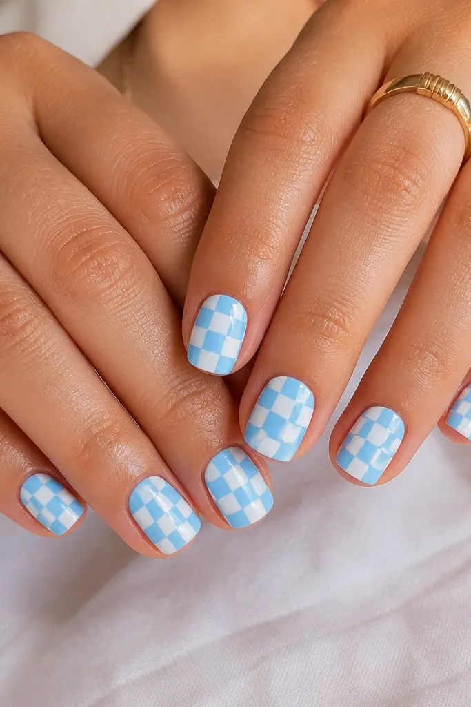Short square nails split into alternating sky blue and tiny white squares. The grid is neat and consistent across each nail, with a shiny topcoat.