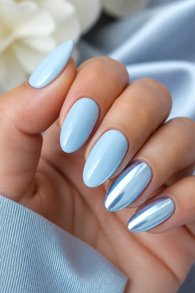 Most nails are solid icy sky blue glossy. Two accent nails have a mirror icy chrome top over a pale sky base, reflecting light like a silver-blue mirror.