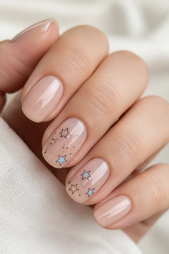 Clear or nude-pink base with thin black or dark navy line art stars. Stars have light sky-blue accents, scattered on two accent nails. Glossy finish.