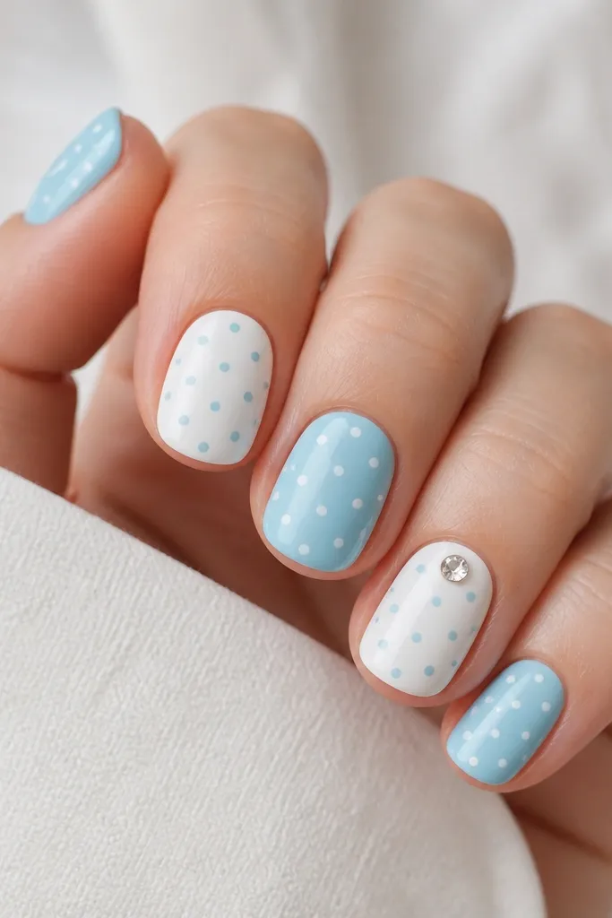 Short round nails with alternating sky blue and white bases. Each nail has evenly spaced small polka dots in the opposite color. One ring finger has a single clear rhinestone near the cuticle on a white base.