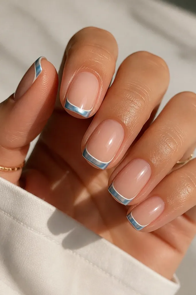 Short squoval nails with sky blue chrome tips. Each tip has a thin white outline along the edge like a framed border. The rest of the nail is sheer nude with glossy finish.