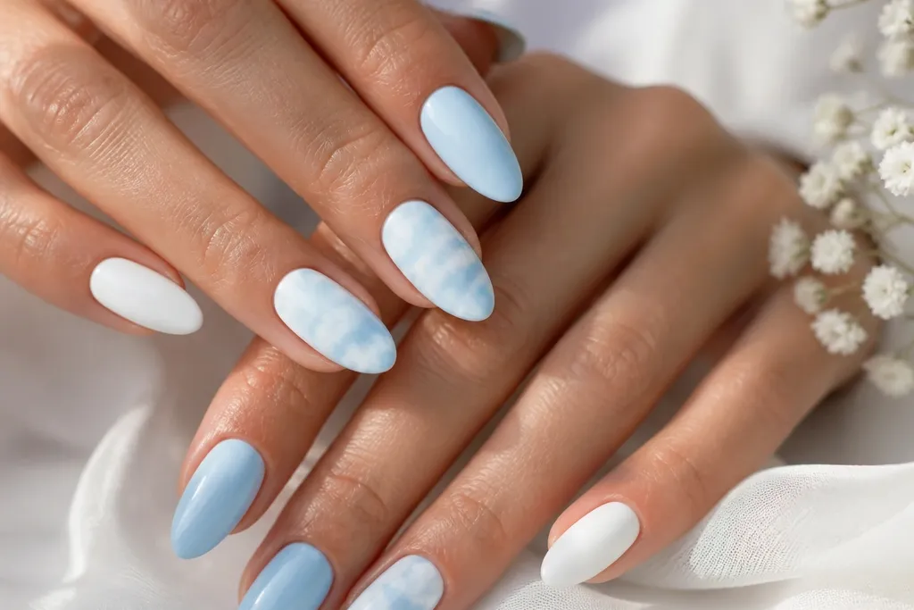 12 Sky Blue and White Nails