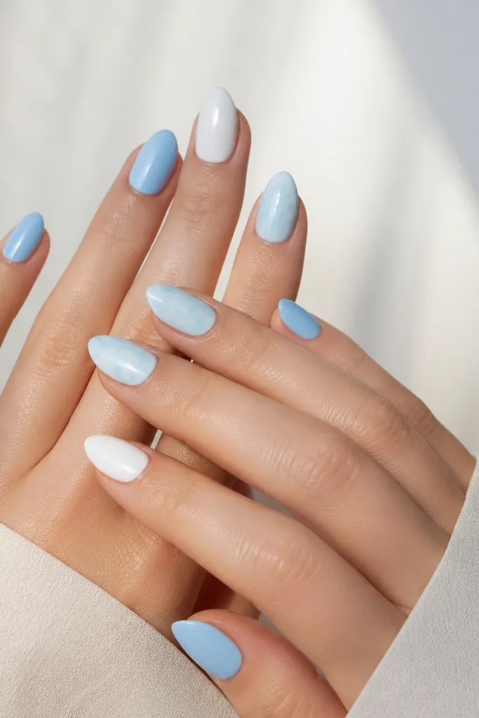 12 Sky Blue and White Nails