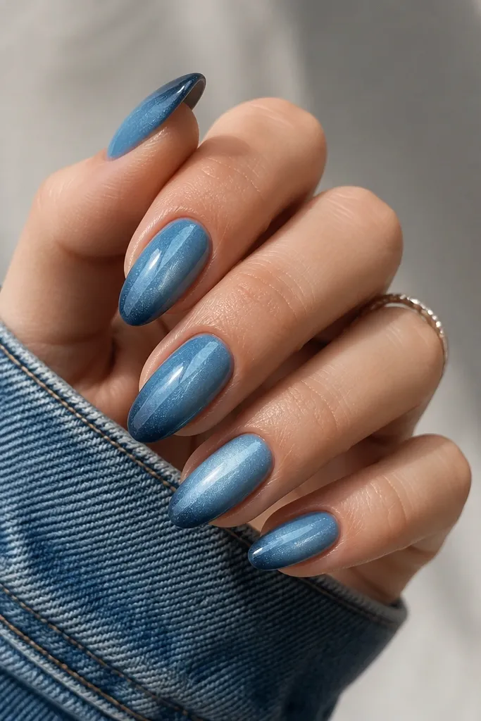 Medium almond nails with a smoky denim gradient: darker blue at the tip fading into sky blue at the base; a thin cat eye stripe runs through the center.