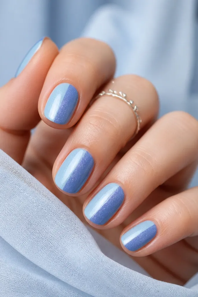 Short oval nails with a vertical split: left half icy sky blue, right half deeper periwinkle; each side has its own cat eye line meeting in the center.