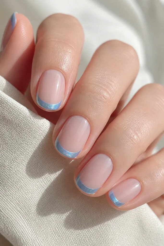 Short rounded nails with a nude base and a sky blue cat eye French tip; the magnetic line runs along the tip edge.
