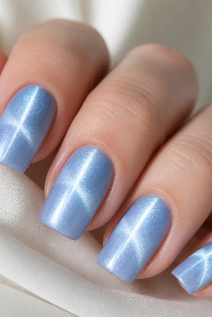Square nails with sky blue cat eye that has a bright vertical stripe and a softer diagonal stripe crossing it, creating a subtle cross.