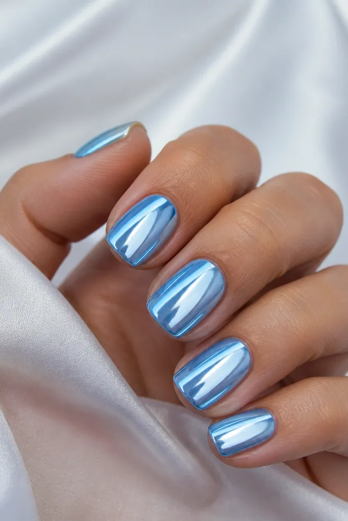 Short squoval nails in a bright icy powder sky blue. The entire nail is mirror chrome with a sharp reflective shine, like polished metal. The cuticles are clean and the free edges are neatly capped.