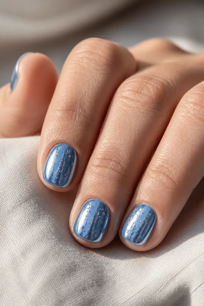 Short round nails in bright sky blue chrome, with tiny star-shaped specks scattered near the center and fading outward. The stars are slightly raised and catch light differently than the mirror background.